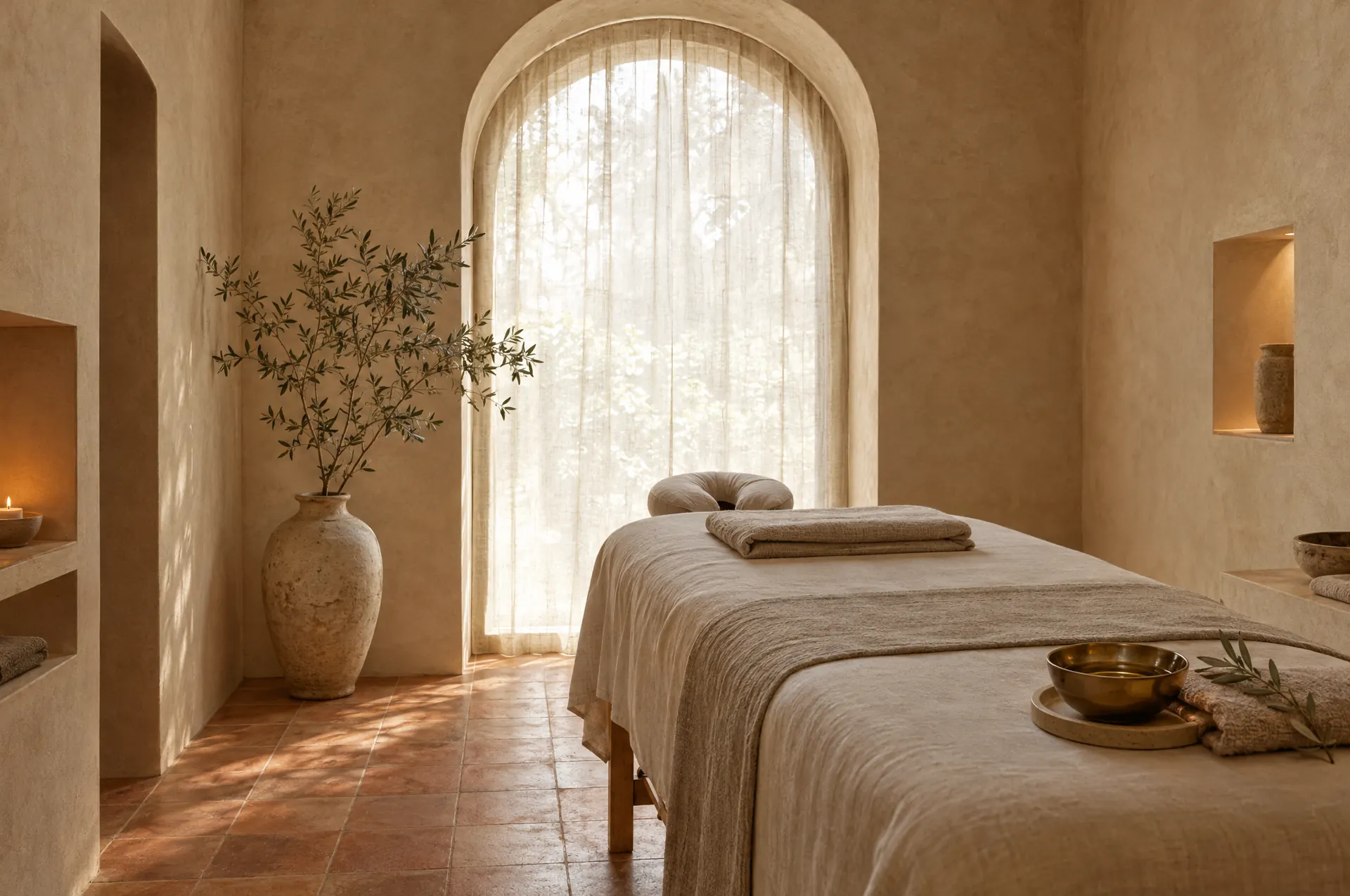 A quiet massage suite: limewashed walls, a horseshoe-arch window with a linen curtain, a dressed massage table