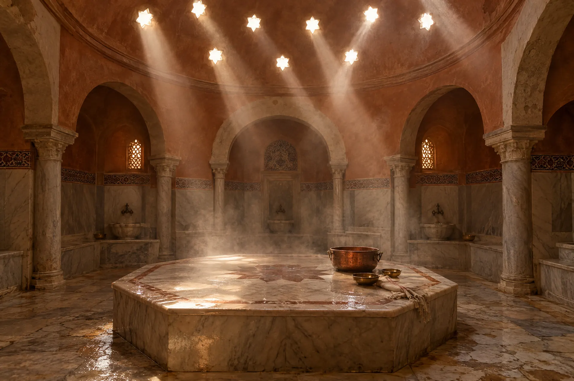 The domed hammam hall: star-shaped skylights cast beams through steam onto an octagonal marble slab