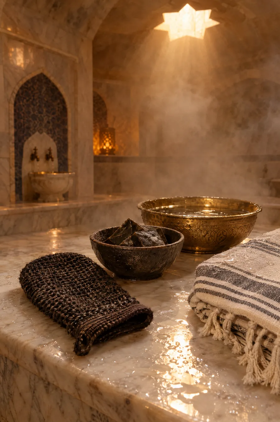 A kese mitt, black soap and a brass bowl on wet marble in the steam hall