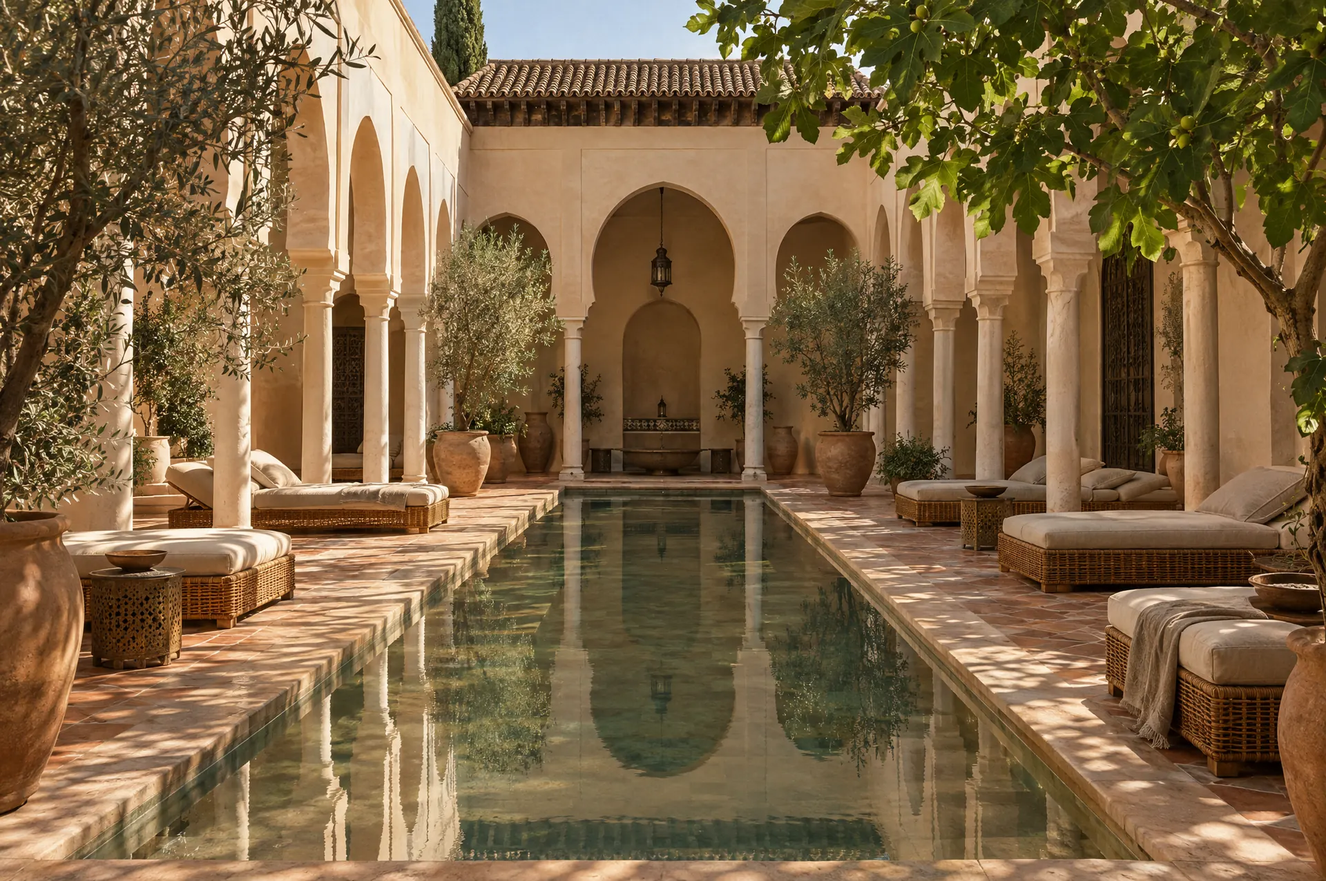The courtyard: an arcade of horseshoe arches around a long reflecting pool, olive trees and rattan loungers