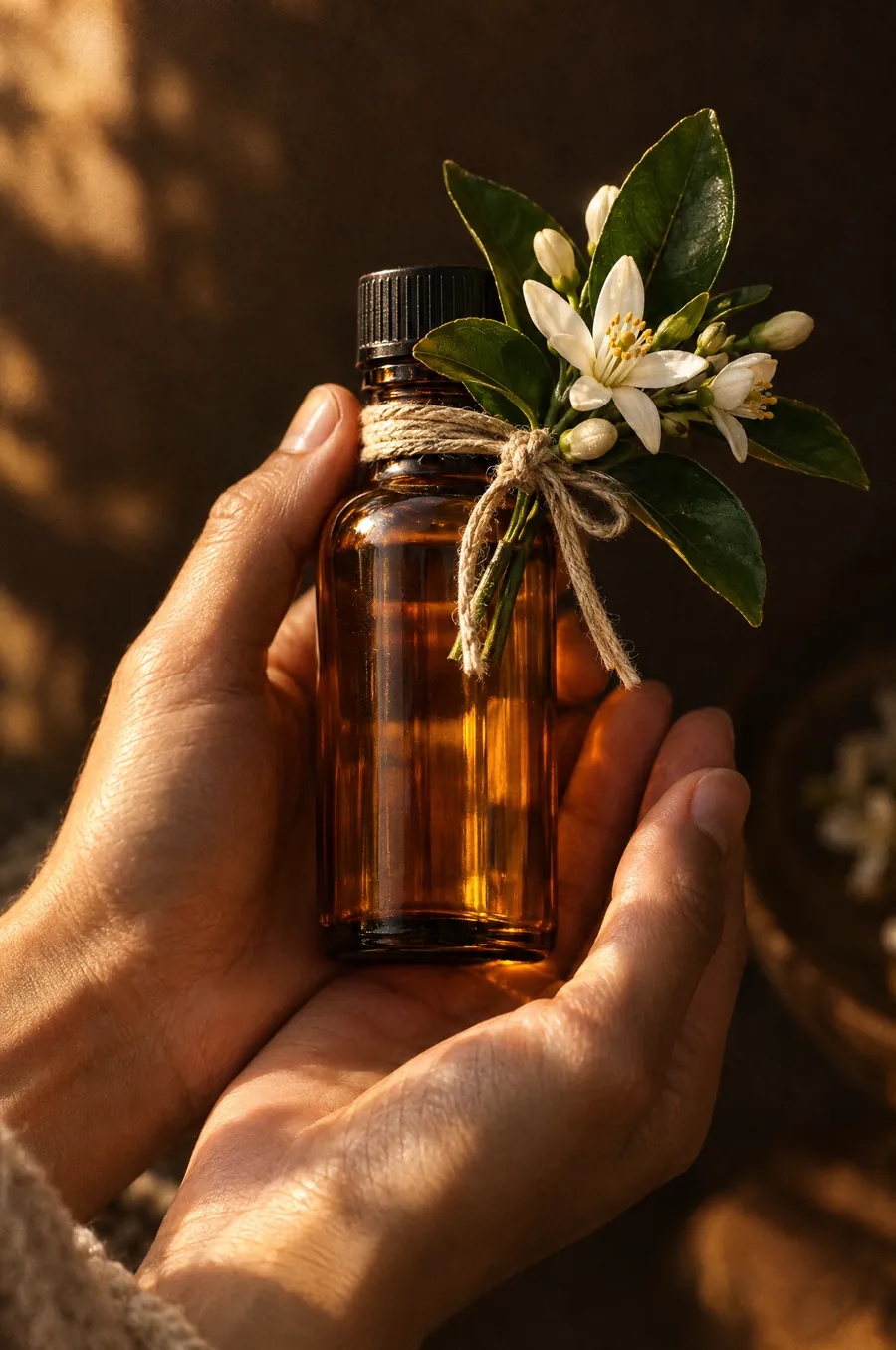 Two hands holding a small amber bottle of orange blossom oil tied with linen string
